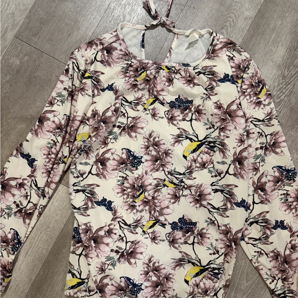 Floral & Bird Print Long Sleeve Women's Top - Cream with Pink and Yellow